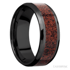 8 mm wide/Beveled/Zirconium band with one 5 mm Centered inlay of Dinosaur Bone Red.