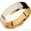 7 mm wide/High Bevel/14K Yellow Gold band with one 3 mm Centered inlay of 14K White Gold.