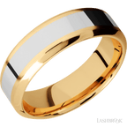 7 mm wide/High Bevel/14K Yellow Gold band with one 3 mm Centered inlay of 14K White Gold.