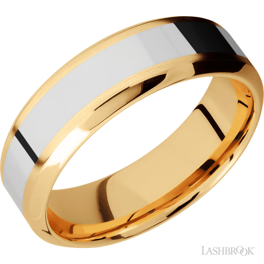 7 mm wide/High Bevel/14K Yellow Gold band with one 3 mm Centered inlay of 14K White Gold.