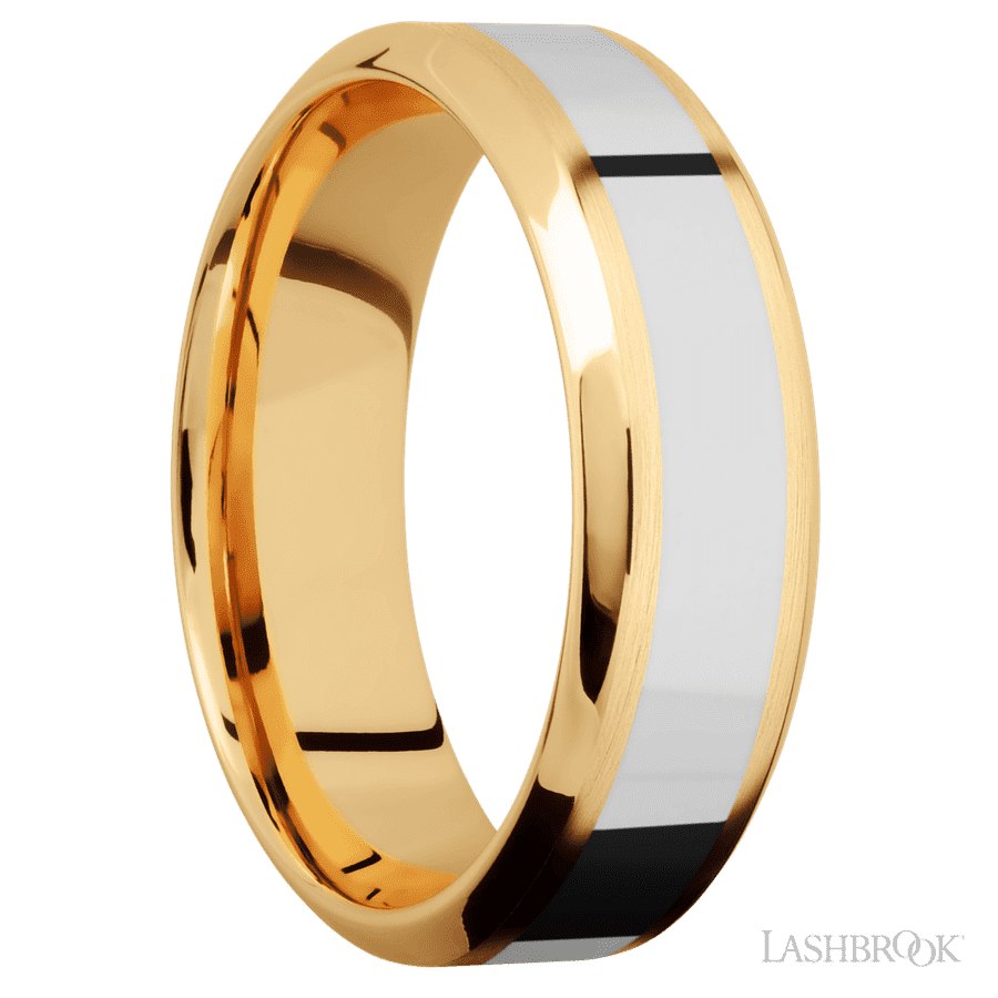 7 mm wide/High Bevel/14K Yellow Gold band with one 3 mm Centered inlay of 14K White Gold.