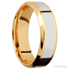 7 mm wide/High Bevel/14K Yellow Gold band with one 3 mm Centered inlay of 14K White Gold.