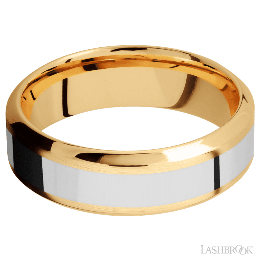 7 mm wide/High Bevel/14K Yellow Gold band with one 3 mm Centered inlay of 14K White Gold.