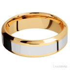 7 mm wide/High Bevel/14K Yellow Gold band with one 3 mm Centered inlay of 14K White Gold.