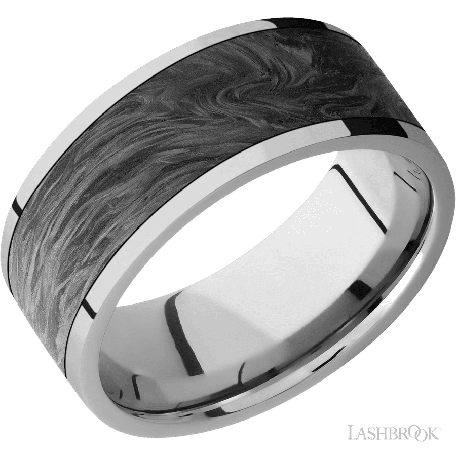 9 mm wide/Flat/Titanium band with one 7 mm Centered inlay of Forged Carbon Fiber.