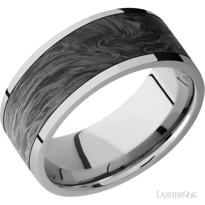 9 mm wide/Flat/Titanium band with one 7 mm Centered inlay of Forged Carbon Fiber.