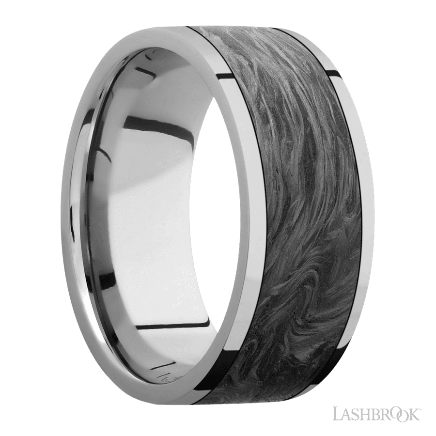 9 mm wide/Flat/Titanium band with one 7 mm Centered inlay of Forged Carbon Fiber.