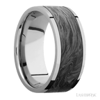 9 mm wide/Flat/Titanium band with one 7 mm Centered inlay of Forged Carbon Fiber.