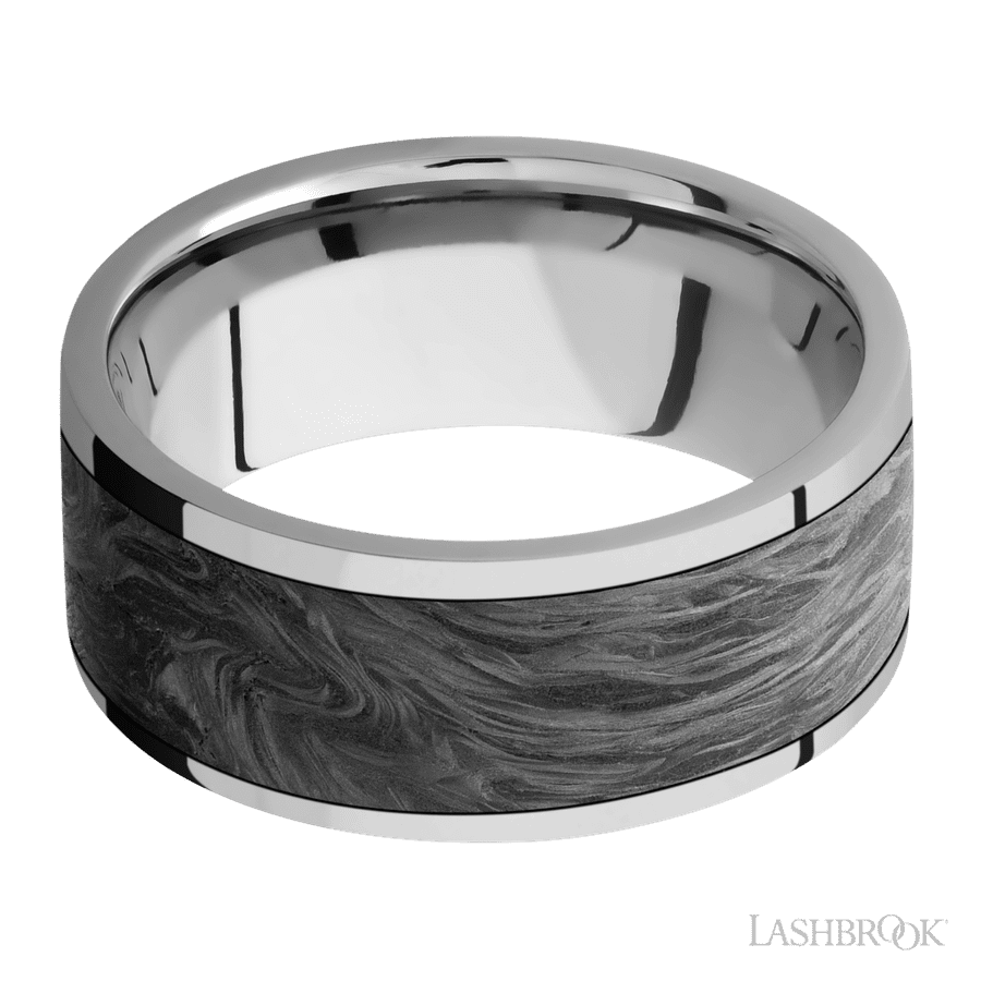 9 mm wide/Flat/Titanium band with one 7 mm Centered inlay of Forged Carbon Fiber.