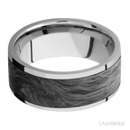 9 mm wide/Flat/Titanium band with one 7 mm Centered inlay of Forged Carbon Fiber.