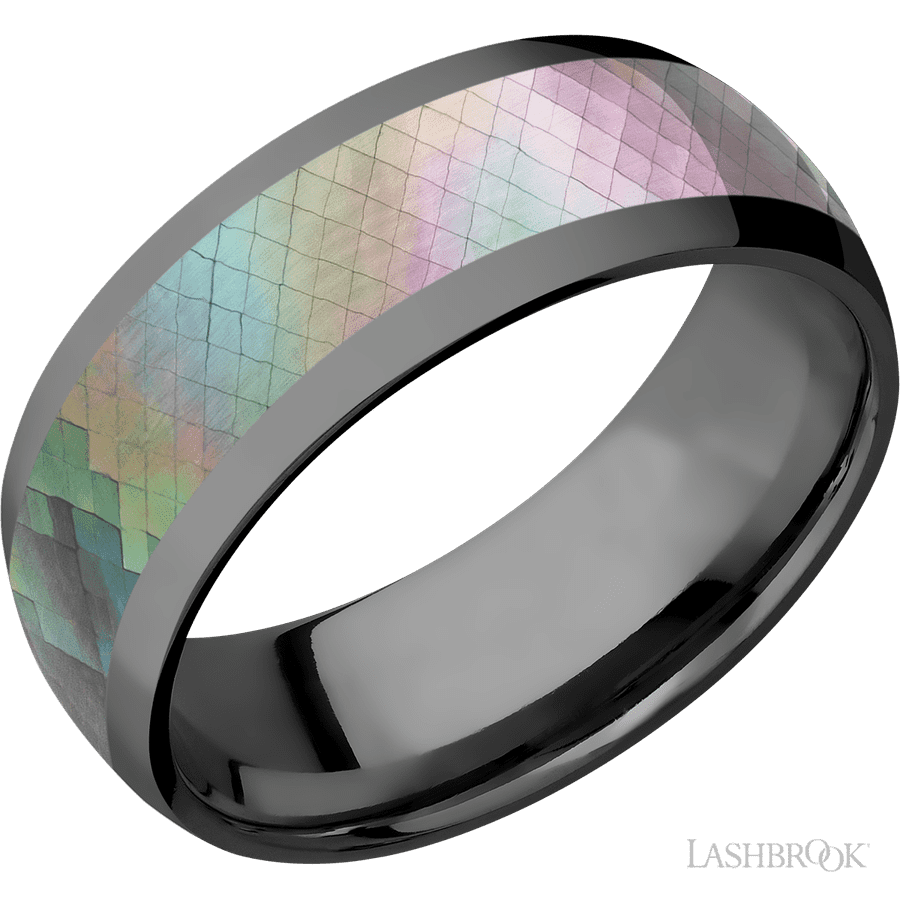8 mm wide/Domed/Zirconium band with one 5 mm Centered inlay of Black Mother of Pearl.