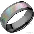 8 mm wide/Domed/Zirconium band with one 5 mm Centered inlay of Black Mother of Pearl.