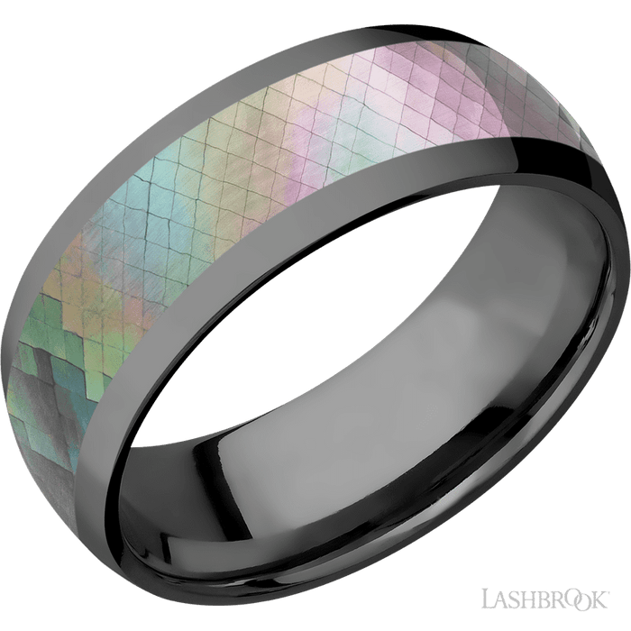 8 mm wide/Domed/Zirconium band with one 5 mm Centered inlay of Black Mother of Pearl.