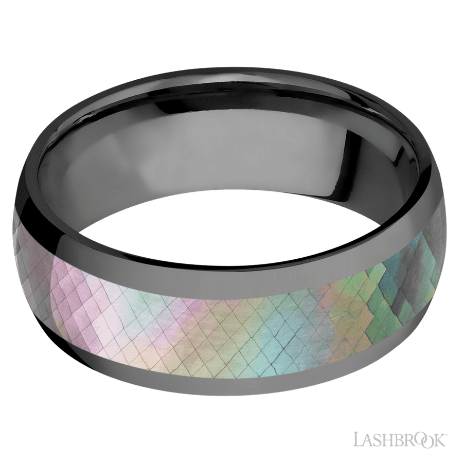 8 mm wide/Domed/Zirconium band with one 5 mm Centered inlay of Black Mother of Pearl.