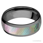 8 mm wide/Domed/Zirconium band with one 5 mm Centered inlay of Black Mother of Pearl.