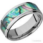 8 mm wide/Flat Grooved Edges/Cobalt Chrome band with one 5 mm Centered inlay of Abalone.