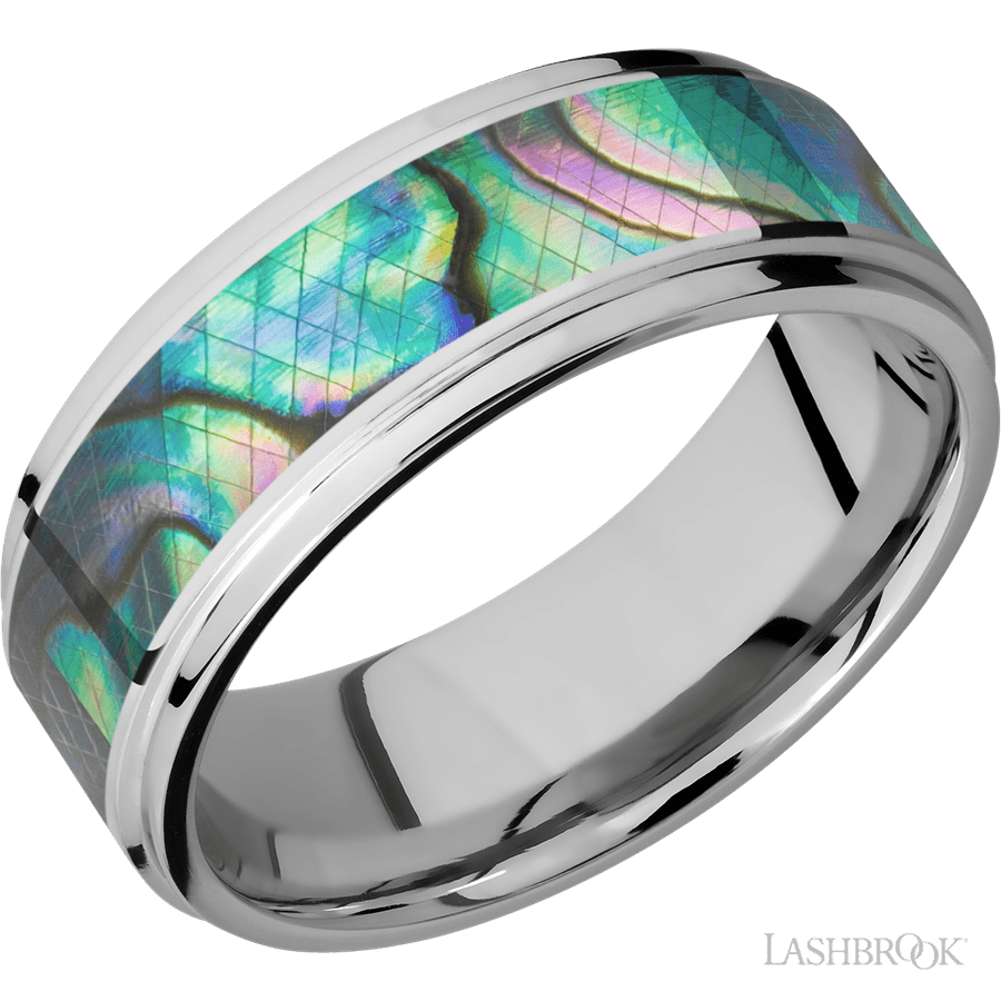 8 mm wide/Flat Grooved Edges/Cobalt Chrome band with one 5 mm Centered inlay of Abalone.