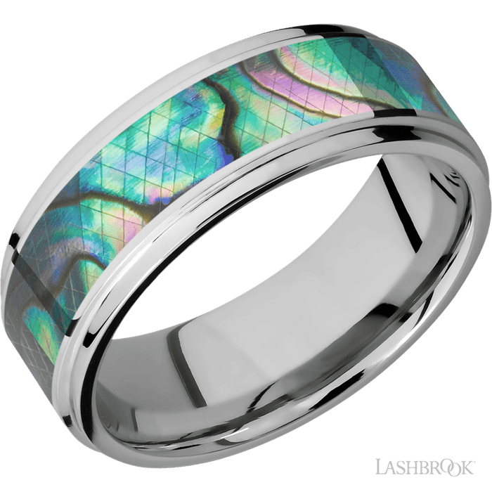 8 mm wide/Flat Grooved Edges/Cobalt Chrome band with one 5 mm Centered inlay of Abalone.