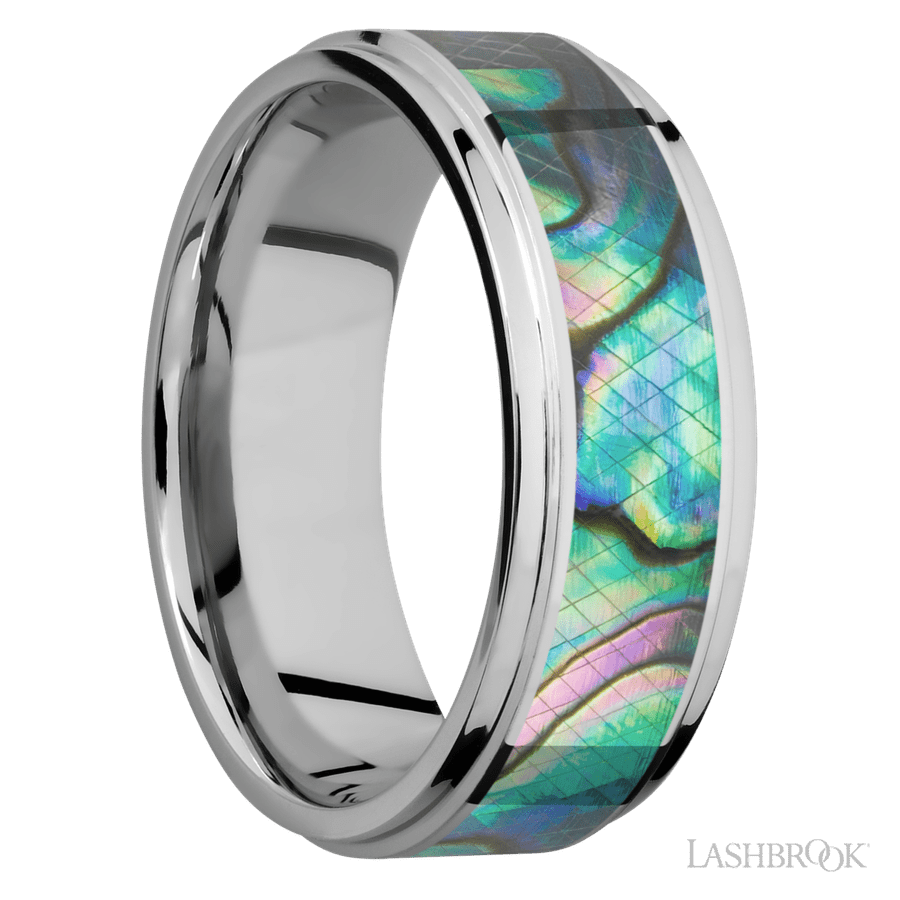 8 mm wide/Flat Grooved Edges/Cobalt Chrome band with one 5 mm Centered inlay of Abalone.