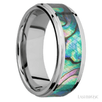8 mm wide/Flat Grooved Edges/Cobalt Chrome band with one 5 mm Centered inlay of Abalone.