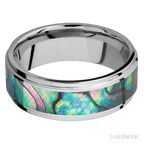 8 mm wide/Flat Grooved Edges/Cobalt Chrome band with one 5 mm Centered inlay of Abalone.