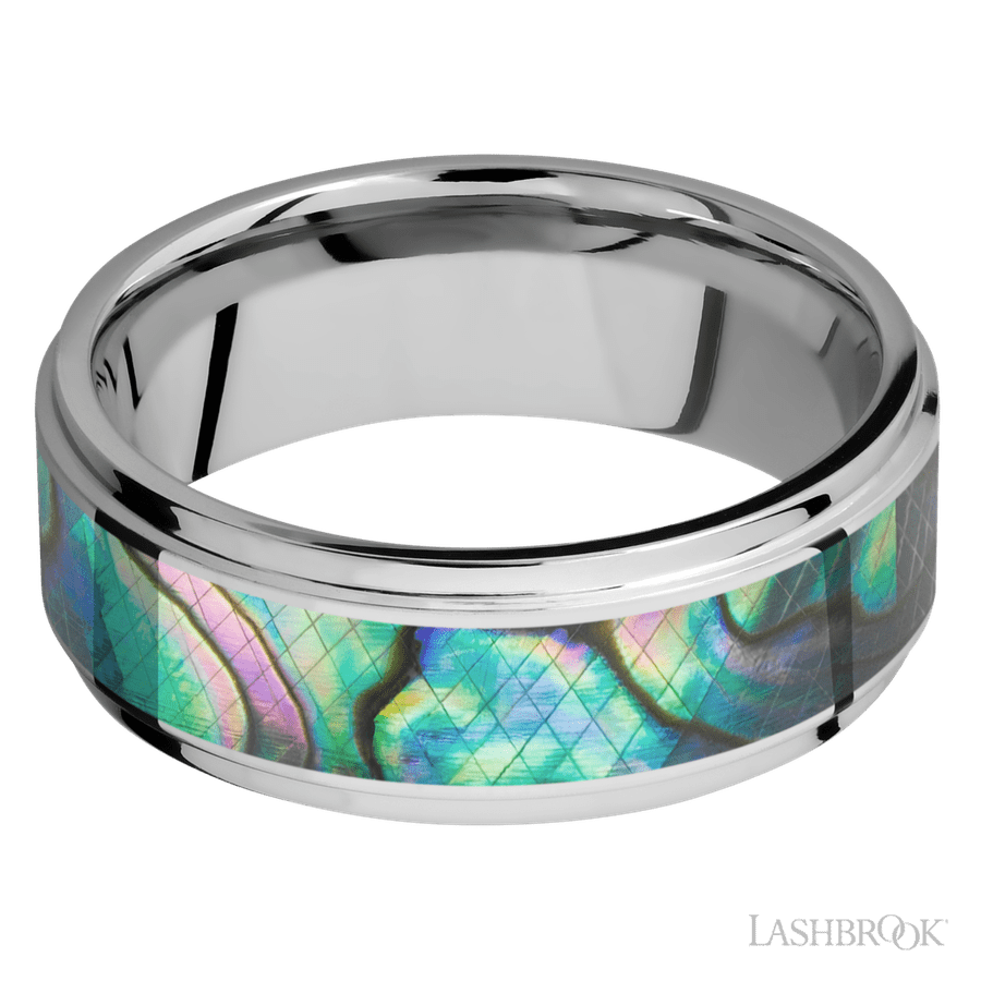 8 mm wide/Flat Grooved Edges/Cobalt Chrome band with one 5 mm Centered inlay of Abalone.