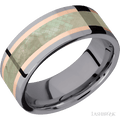 8 mm wide/Flat/Tantalum band featuring inlays of 14K Rose Gold and Freshwater Mother of Pearl.