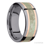 8 mm wide/Flat/Tantalum band featuring inlays of 14K Rose Gold and Freshwater Mother of Pearl.