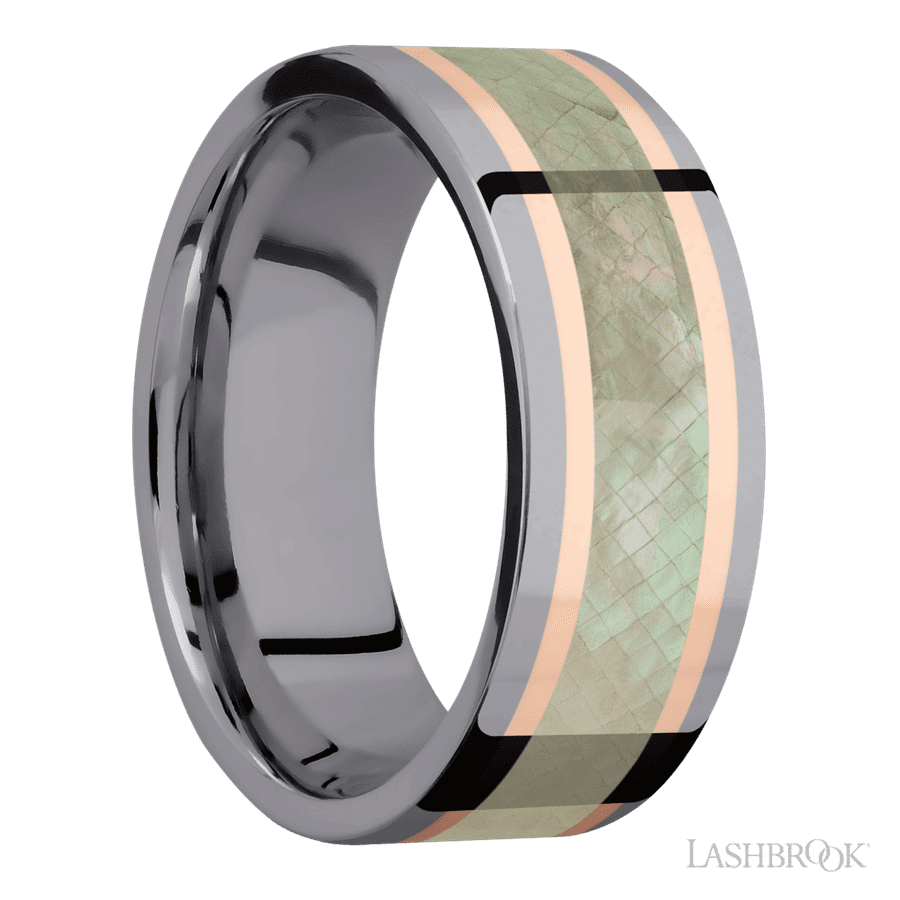 8 mm wide/Flat/Tantalum band featuring inlays of 14K Rose Gold and Freshwater Mother of Pearl.