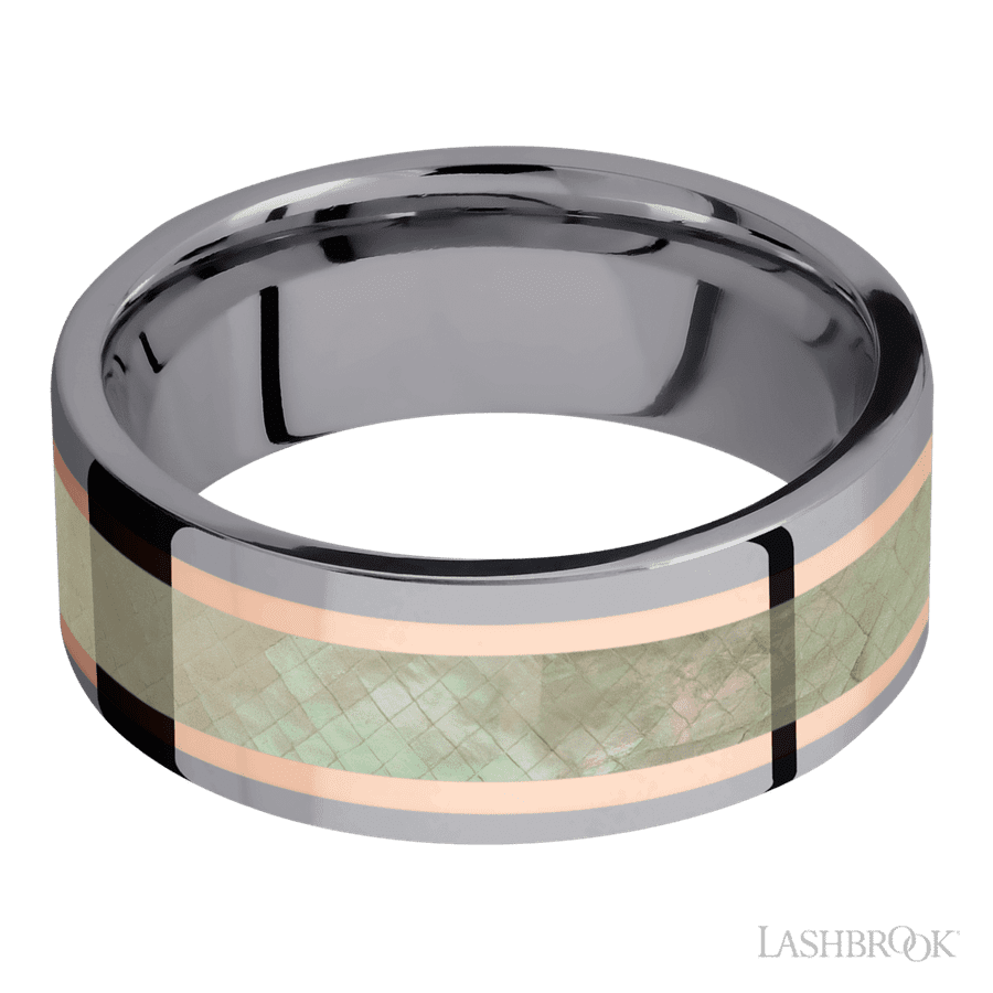 8 mm wide/Flat/Tantalum band featuring inlays of 14K Rose Gold and Freshwater Mother of Pearl.