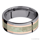 8 mm wide/Flat/Tantalum band featuring inlays of 14K Rose Gold and Freshwater Mother of Pearl.