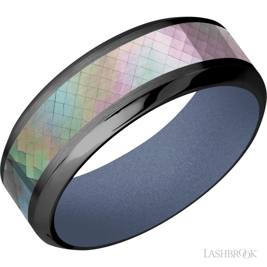 8 mm wide/High Bevel/Zirconium band with one 4 mm Centered inlay of Black Mother of Pearl also featuring a Crushed Orchid sleeve.