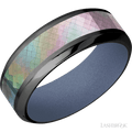 8 mm wide/High Bevel/Zirconium band with one 4 mm Centered inlay of Black Mother of Pearl also featuring a Crushed Orchid sleeve.