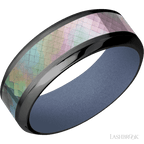 8 mm wide/High Bevel/Zirconium band with one 4 mm Centered inlay of Black Mother of Pearl also featuring a Crushed Orchid sleeve.