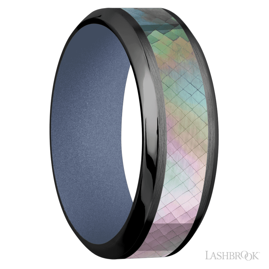 8 mm wide/High Bevel/Zirconium band with one 4 mm Centered inlay of Black Mother of Pearl also featuring a Crushed Orchid sleeve.