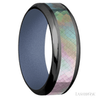 8 mm wide/High Bevel/Zirconium band with one 4 mm Centered inlay of Black Mother of Pearl also featuring a Crushed Orchid sleeve.