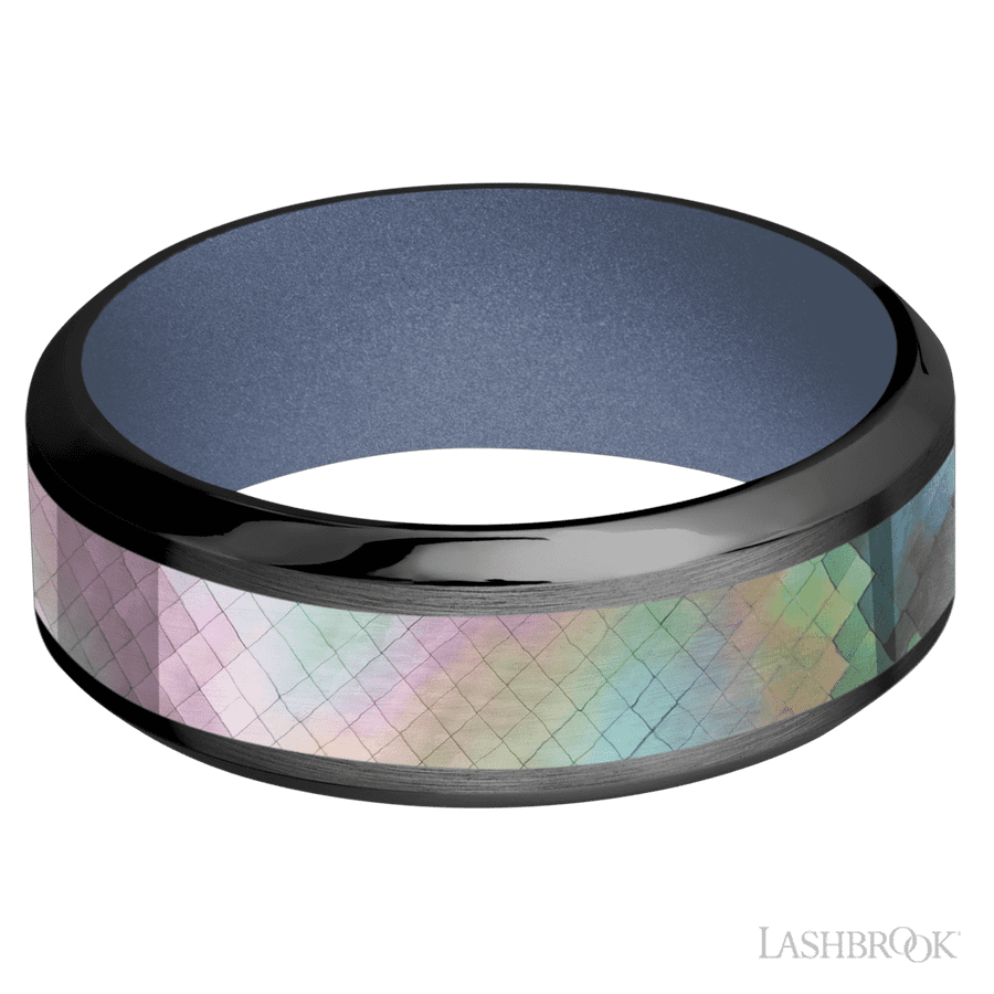 8 mm wide/High Bevel/Zirconium band with one 4 mm Centered inlay of Black Mother of Pearl also featuring a Crushed Orchid sleeve.