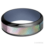 8 mm wide/High Bevel/Zirconium band with one 4 mm Centered inlay of Black Mother of Pearl also featuring a Crushed Orchid sleeve.