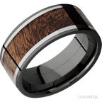 9 mm wide/Flat/Zirconium band featuring inlays of Titanium and Sapele.