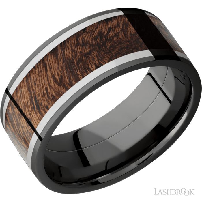 9 mm wide/Flat/Zirconium band featuring inlays of Titanium and Sapele.