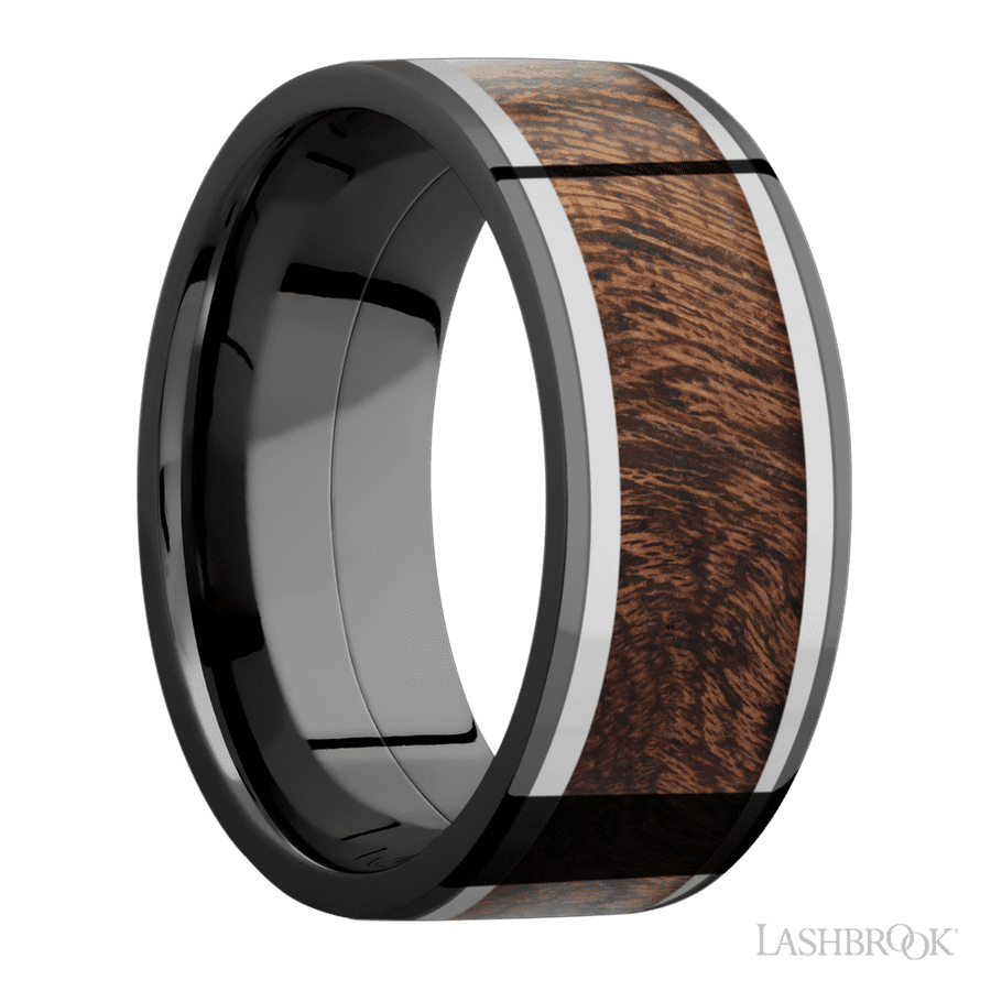 9 mm wide/Flat/Zirconium band featuring inlays of Titanium and Sapele.