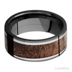 9 mm wide/Flat/Zirconium band featuring inlays of Titanium and Sapele.