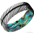 7 mm wide/Beveled/Woodgrain band with one 1 mm Centered inlay of Black also featuring a Abalone sleeve.
