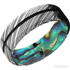 7 mm wide/Beveled/Woodgrain band with one 1 mm Centered inlay of Black also featuring a Abalone sleeve.