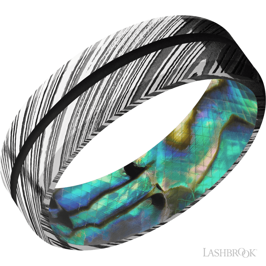 7 mm wide/Beveled/Woodgrain band with one 1 mm Centered inlay of Black also featuring a Abalone sleeve.