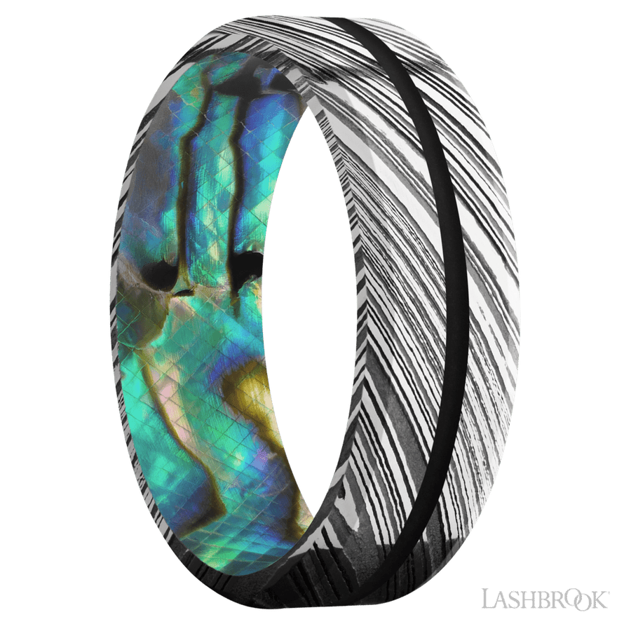 7 mm wide/Beveled/Woodgrain band with one 1 mm Centered inlay of Black also featuring a Abalone sleeve.