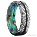7 mm wide/Beveled/Woodgrain band with one 1 mm Centered inlay of Black also featuring a Abalone sleeve.