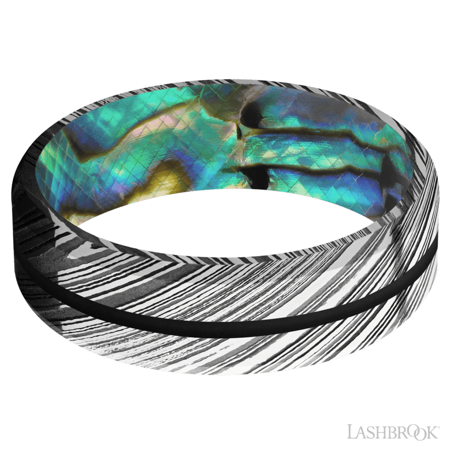 7 mm wide/Beveled/Woodgrain band with one 1 mm Centered inlay of Black also featuring a Abalone sleeve.