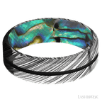 7 mm wide/Beveled/Woodgrain band with one 1 mm Centered inlay of Black also featuring a Abalone sleeve.
