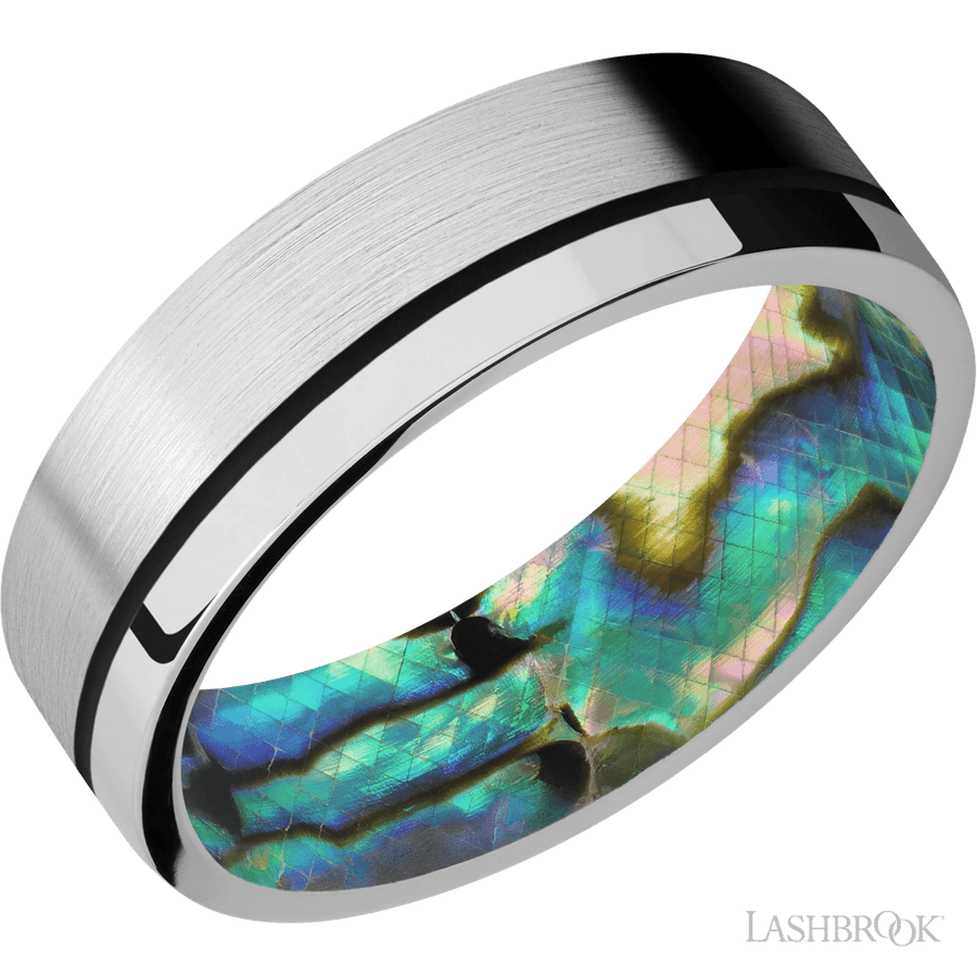 7 mm wide/Flat/14K White Gold band with one 0.5 mm Off Center inlay of Black also featuring a Abalone sleeve.